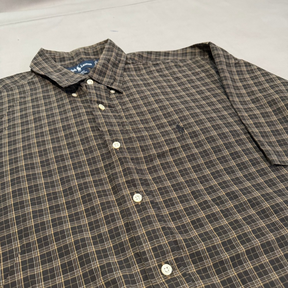 Ralph Lauren Blake Men XL Short Sleeve Button Plaid Check Shirt Brown Earthtone-